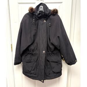 Vintage London Fog Fur Trim Parka Coat Black Hooded Winter Jacket Women’s Size M
